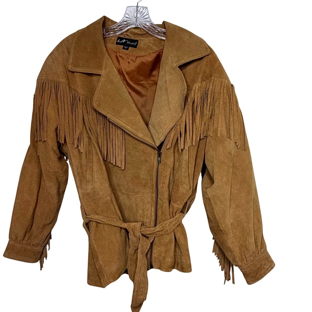 L.A. Studio Suede‎ Fringe Zip Front Tie Belt Jacket Tan Western Boho Festival S